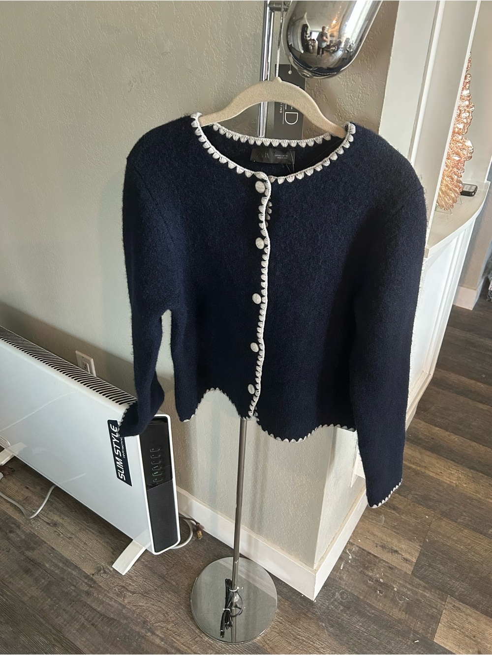 Zara Navy Wool Blend Cardigan with Light Grey Trim and Covered Buttons